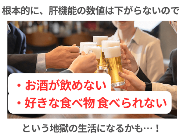 根本的に、肝機能の数値は下がらないのでお酒が飲めない好きな食べ物食べられないという地獄の生活になるかも…！
