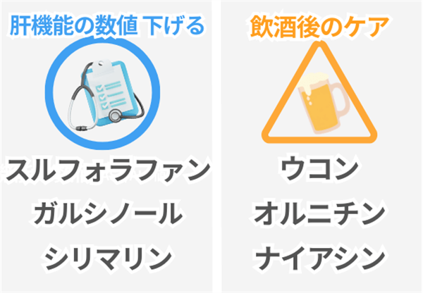 肝機能の数値下げる、スルフォラファンガルシノール、シリマリン。
飲酒後のケア、ウコン、オルニチン、ナイアシン